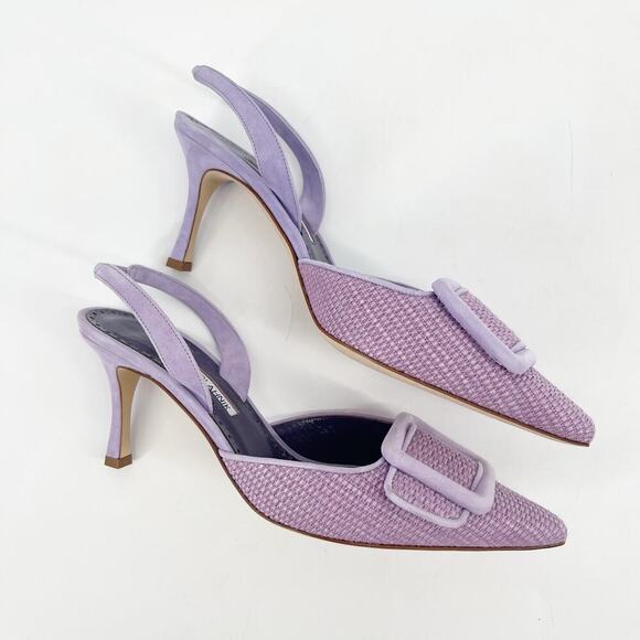 Manolo Blahnik Mayslibi Lilac Raffia Slingback Buckle Pointed Toe Heels IT 38.5 - Picture 4 of 12